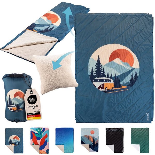 Skandika Deckenschlafsack Campingdecke Liva, 4-in-1, Outdoor Decke, 200x135cm, Überwurf, Kissen, mit Teddyfell Unterseite, Polyester, wasserdicht