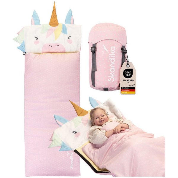 Skandika Kinderschlafsack Soti, für Kinder bis 150 cm, Kopfkissen, buntes Design Einhorn (maschinenwaschbar, Kopfteil, in Tierform und mit Tiermotiv bedruckt), 