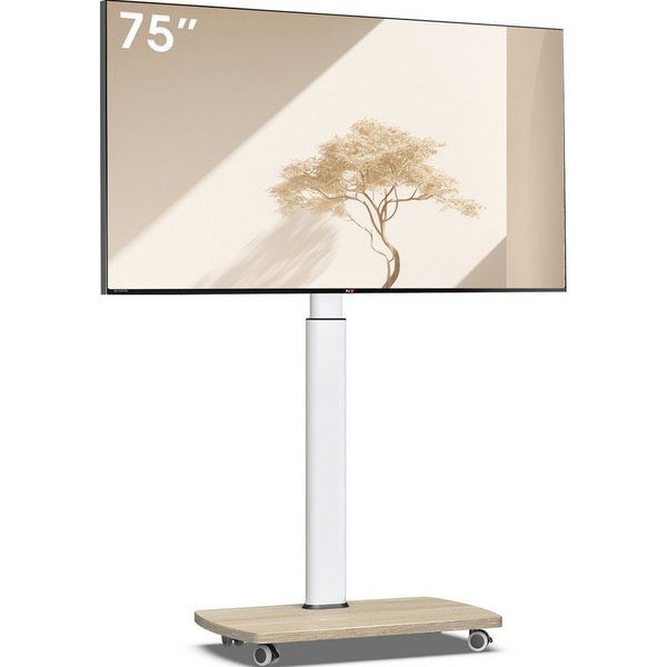 AOKCOS TV-Ständer mit Rollen, höhenverstellbar, ±50° schwenkbar, 43-75 Zoll, (bis 75 Zoll, -2° und +10° neigbar, Holz-Bodenplatte)