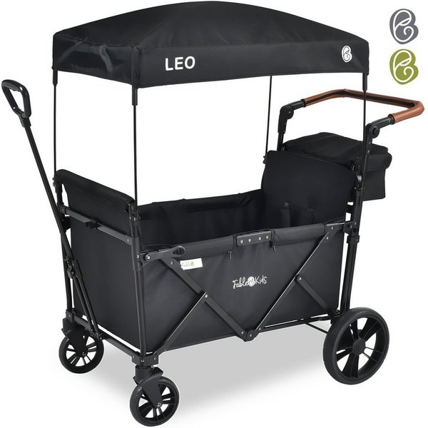 FableKids Bollerwagen LEO X2Lite – Faltbarer Transportwagen mit Dach 5-Punkt-Gurt (Onyx Schwarz), Hecktasche, Abdeckhaube