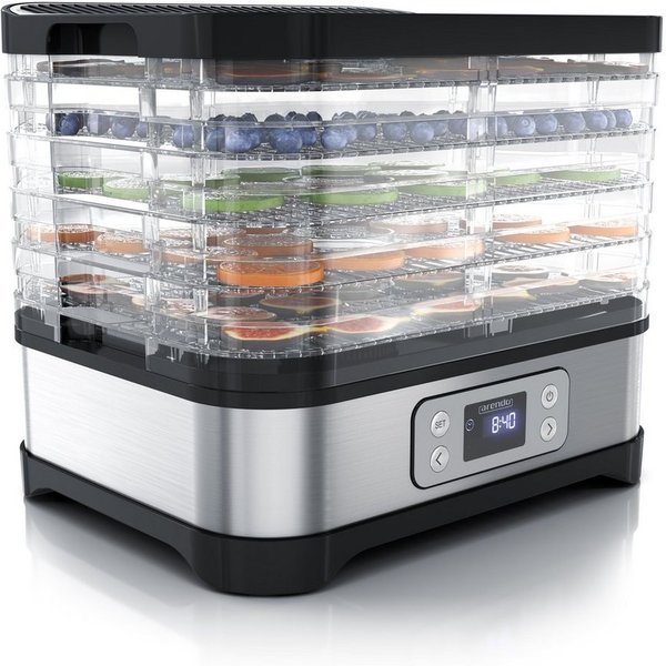 Arendo Dörrautomat mit Temperaturregler, 5 Etagen, 35-70°C, Edelstahl, Dörrgerät 260 W, 5 Etagen, Timer bis 72h, BPA-frei, Früchte/Gemüse/Fleisch, GS, Dehydrato