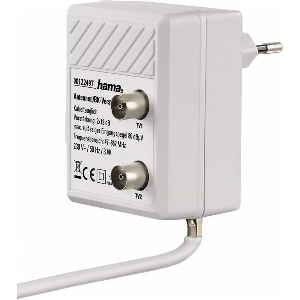 Hama 2-Fach TV Verteiler Antennen-Verstärker Audioverstärker (TV Verteil-Verstärker 2-Port Verstärker Splitter DVB-T2 Digital Kabel)