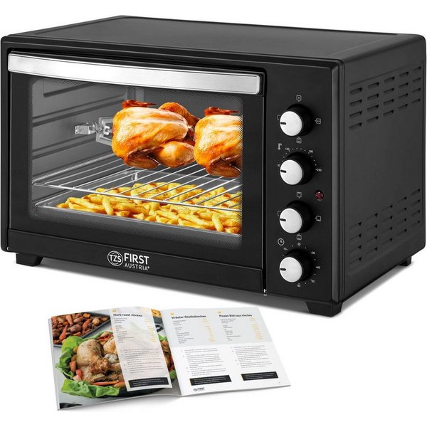 TZS FIRST AUSTRIA Minibackofen 45L 2000W, Premium-X Coating, stufenlose Temperaturregelung bis 230°C, 60 Min Timer, 4 Einschubhöhen, Doppelglastür, Umluftfunkti
