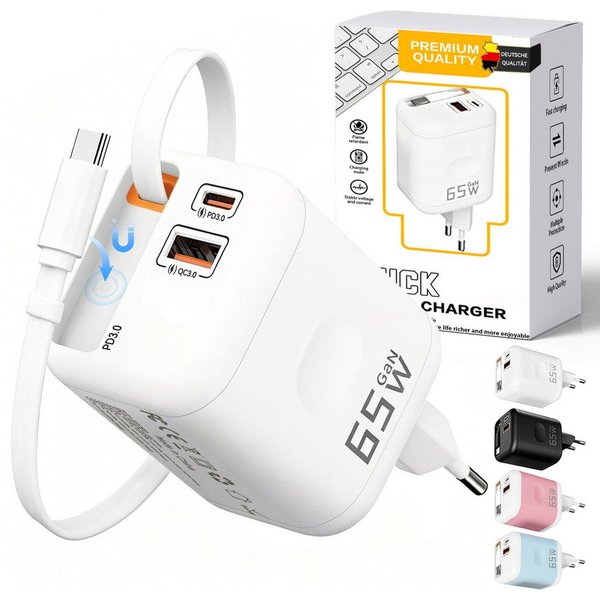 SWGOTA 2026 Neues 65W GaN 3-Port USB C Ladegerät mit Einziehbarem Kabel USB-Ladegerät (65W Schnellladegerät, 3-in-1 USB Netzteil, PD 3.0 Power Adapter, Unterstü