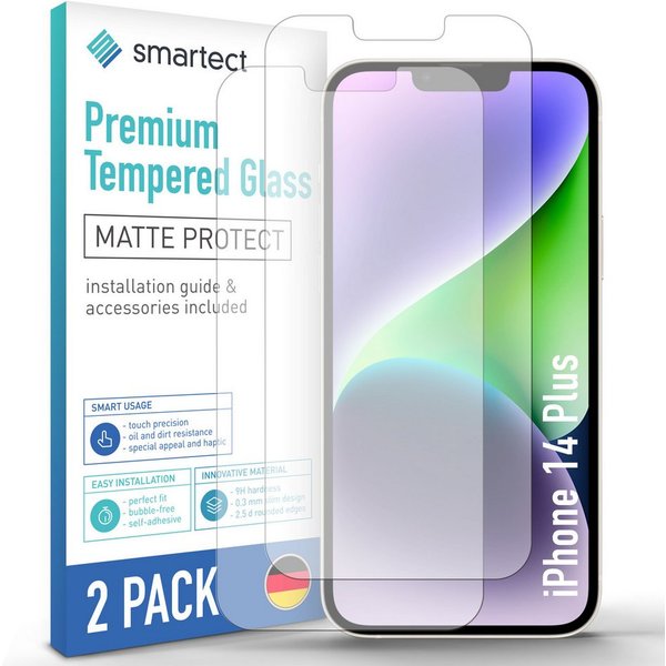 smartect Displayschutzglas 2X Schutzglas Panzerfolie Matt für iPhone 14 Plus für Apple iPhone 14 Plus, Set, 2 Stück, Entspiegelt, 9H Härte, Kratzfest, Stoßfest,