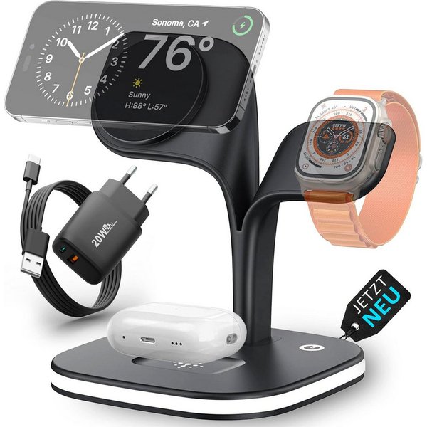 GreenHec Ladestation 3in1 MagSafe Ladegerät Kabellos Induktiv Charger Stand Wireless Charger (3 mA, Spar-Set, 3in1 PowerBase + USB-C Kabel + 20w Dual Charger, i