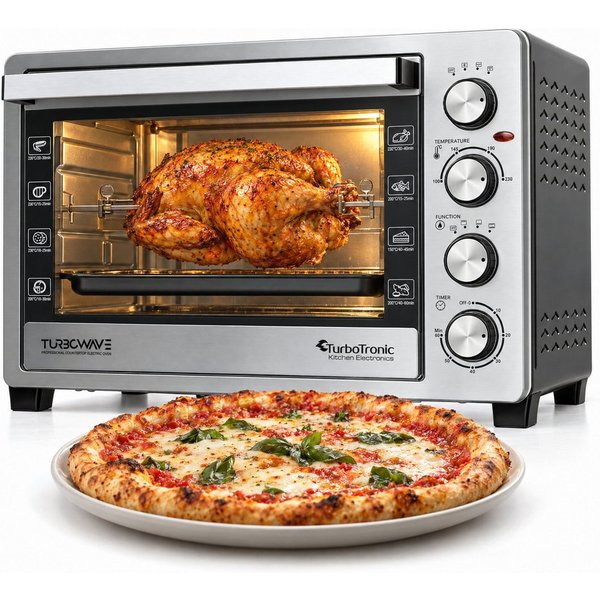 TurboTronic by Z-Line Minibackofen 2000 W 38 l Mini Backofen mit Umluft Drehspieß Grill Pizzaofen Timer, Tischbackofen mit Umluft, kleiner Backofen, Mini Ofen, 