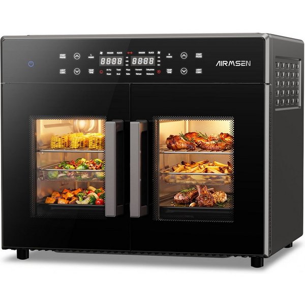 Airmsen Minibackofen 30L XL Heißluftfritteuse mit Doppeltür,2400W Minibackofen Umluft, 10 voreingestellte Programme,Smartes Zwei-Zonen-Garen,15 Zubehör