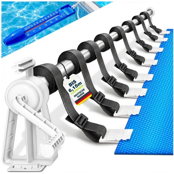tillvex Pool-Abdeckplane Pool Aufroller 1,05-6,15 m Aufrollsystem Solarplane inkl. Thermometer, Aufrollvorrichtung für Poolplane & Abdeckung, inkl. Bänder