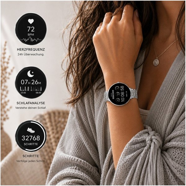 XCOAST SIONA2 ultraflache Damen Smartwatch (4,2 cm/1,3 Zoll), 1-tlg., Nachrichtenempfang, Anrufanzeige, Edelstahl, 7 Tage Akku, Blutdruck, Wasserdicht, Puls, Ka