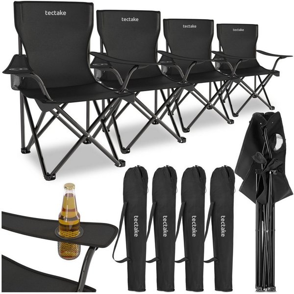 tectake Campingstuhl Gartenstuhl faltbar, mit Getränkehalter, 80 x 48 x 84,5 cm (Outdoor Klapptstuhl Gil für Außen in Schwarz, 4 St), geringes Gewicht, inkl. Tr