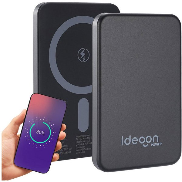 shop'n smile ideoon MagSafe Powerbank 5000 mAh, - Hochwertige kompakte Wireless Powerbank Smartphone-Ladegerät (Schnelles Laden Quick Charge für iPhone & Androi