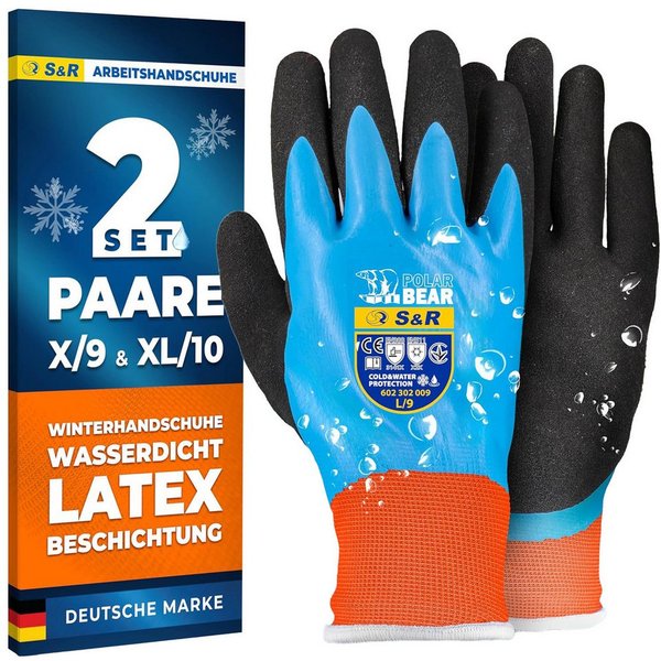S&R Arbeitshandschuhe PROFI Wärme-Arbeitshandschuhe, 3/4 Anti-Rutsch Wasserdicht (Set, 4-St., 2 Paar L / 9) gefütterte wasserdichte Thermo-Schutzhandschuhe, Lat