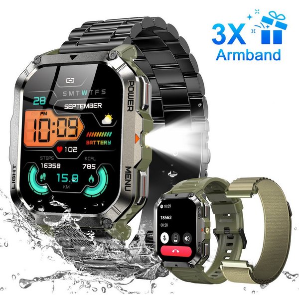 blackview Militär-Smartwatch Herren mit 900mAh Akku/LED-Taschenlampe/Kompass/SOS Smartwatch (2.01 Zoll, iOS/Android), 3-tlg., 3 x Riemen / 2 x Riemen und Ladeka