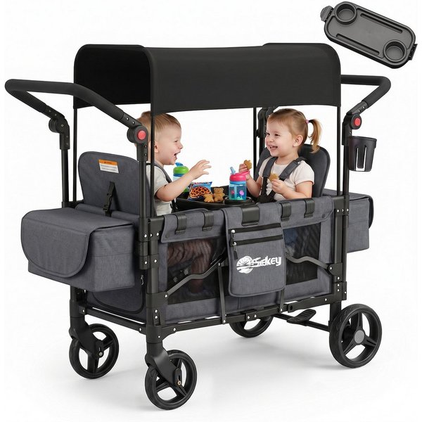 Sekey Bollerwagen für Kinder zum Sitzen, Bollerwagen Faltbar Kinderwagen für 2 Kinder, Duo Schiebegriff Kinderwagen mit 2 integrierten 5-Punkt-Gurtsystem