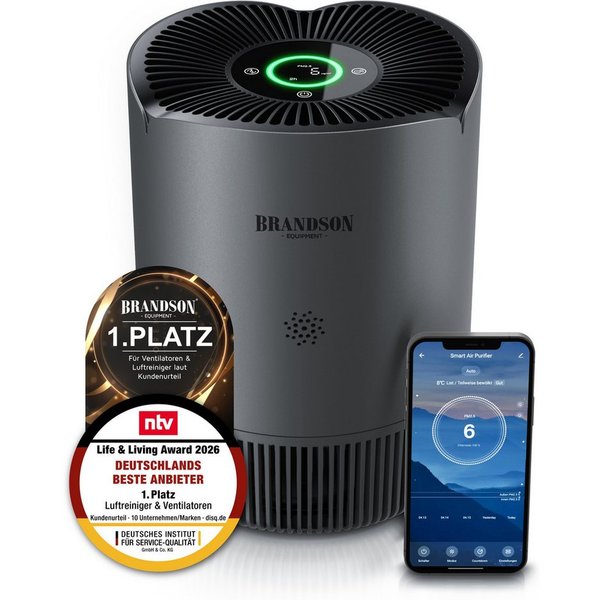 Brandson Luftreiniger für Allergiker, HEPA 13 + Aktivkohle, WLAN-App, 158 m³/h, 45 m², für 45 m² Räume, PM2,5-Anzeige, 4 Geschwindigkeiten, Timer und Kindersich