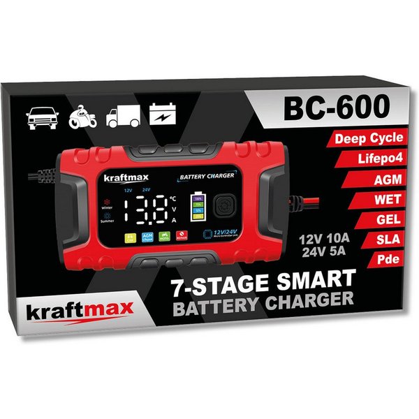 kraftmax BC-600 KFZ Ladegerät 12/24V 10A LCD für AGM Gel Blei LiFePO4 Akku Batterie-Ladegerät (1-tlg)
