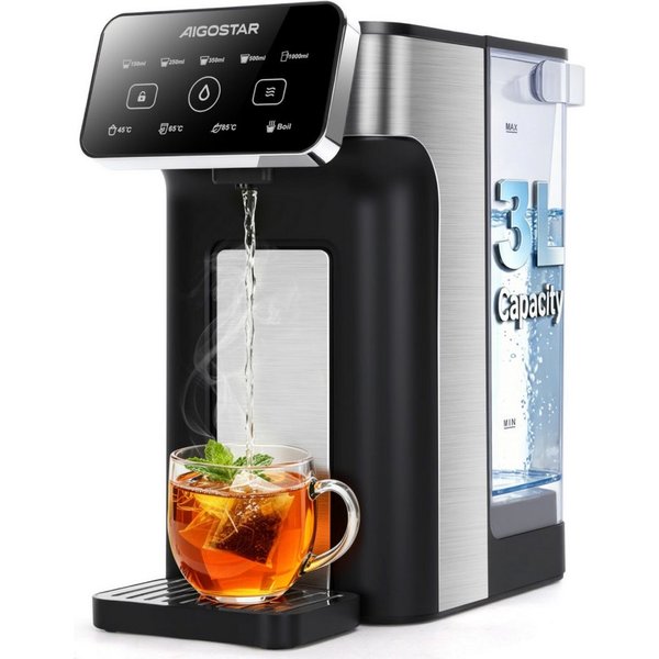 Aigostar Heißwasserspender Edelstahl 3L mit Filter-Slot, 3s Turbo Aufheizung Instant-Wasserkocher, 2600 W, 4 Temperaturstufen, Abtropfschale, kompatibel mit Bri
