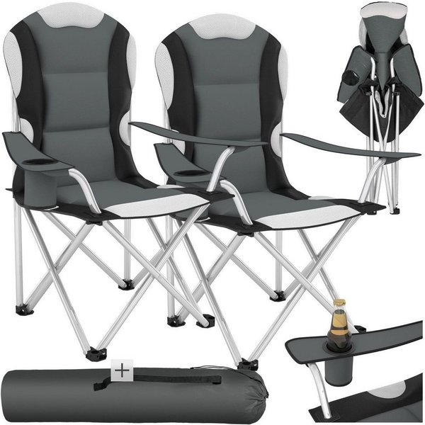 tectake Campingstuhl Gartenstuhl mit Polsterung, faltbar, 60 x 88 x 105 cm (Outdoor Klapptstuhl für Außen in Grau, 2 St), gepolstert, mit Getränkehalter, gering