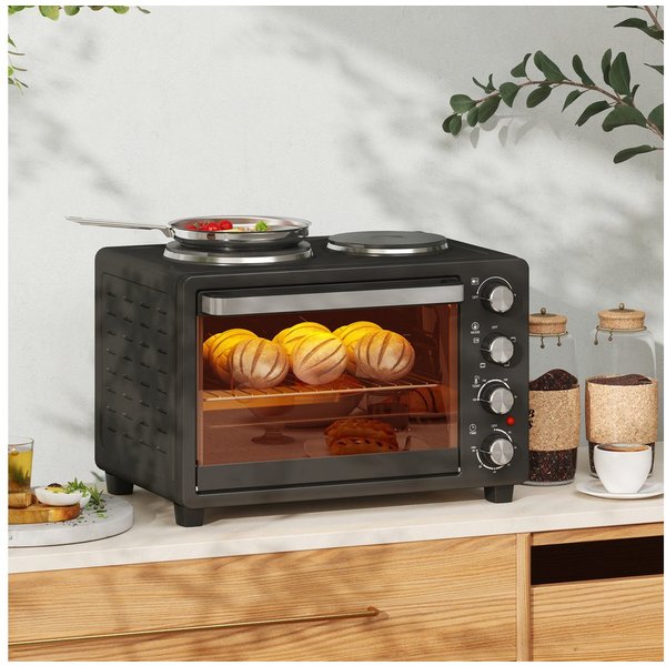 HOMCOM Minibackofen Mini Backofen 28L inkl. Krümelblech, mit Innenbeleuchtung Schwarz, mit Warmhalteplatten, Backblech und Grillrost