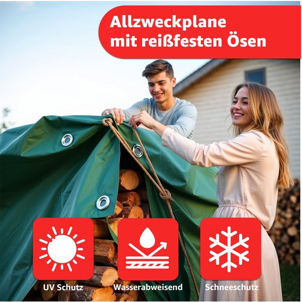 PlaneEasy.® Schutzplane Gewebeplane aus PE, grün, 200 g/m², mit Metallösen (Packung, Abdeckplane mit Ösen), wasserdichte Outdoor-Abdeckung, 2x2m