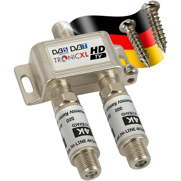 TronicXL 2-fach Sat Splitter 40dB Verstärker Antennenverteiler DVB-S2 DVB-T2 Leistungsverstärker (Anzahl Kanäle: 2, Weiche Verstärkung 3D 4K HDTV Signalverstärk