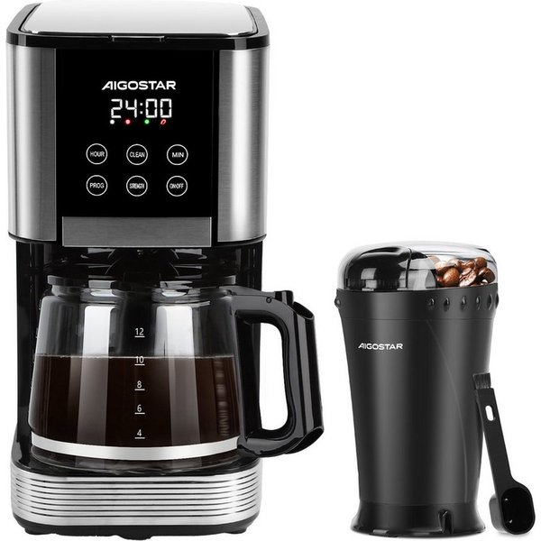 Aigostar Kaffeemaschine mit Mahlwerk, Korbfilter, Programmierbar 24h, Tropf-Stopp, AutoClean, Warmhaltefunktion