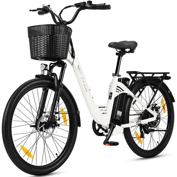 TTGO E-Bike Cityrad 26 Zoll Elektrofahrrad, 80-120km, mit Frontkorb und Gepäckträger, 7 Gang SHIMANO, Kettenschaltung, Heckmotor, 650 Wh, (bis zu 125kg, für ca.