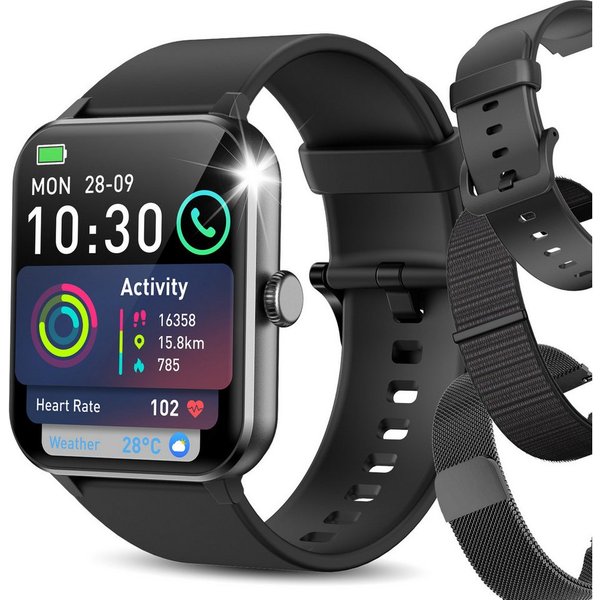 blackview Smartwatch Damen Herren mit 7 Tagen Akkulaufzeit,3 Armbänder, 1,85" HD Smartwatch Set, 1-tlg., 3× Armbänder (Silikon + Metall + Geflochten) und Ladeka