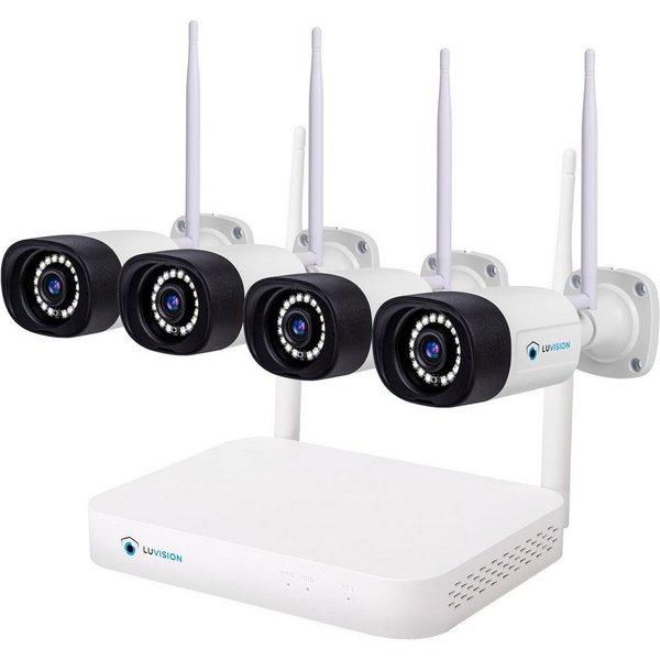 LUVISION Überwachungskamera K8508-W + PJ2151-W 4er (Außen- und Innenbereich, 4-tlg., WLAN Funk Überwachungssystem 4 x IP Überwachungskamera Mikrofon, Cloud, Aud