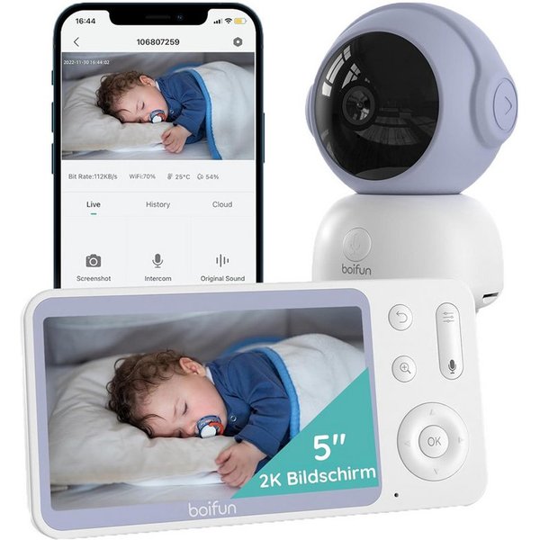 Boifun Video-Babyphone Babyphone 720P mit Kamera 5 Zoll Baby Monitor, mit Kamera und Audio WLAN, 3000-mAh-Akku, 1-tlg., unterstützt Temperaturüberwachung Schlaf