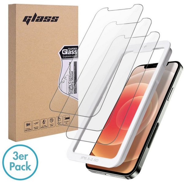 MonkeyTEC Displayschutzfolie Apple iPhone 12 Displayschutzfolie kristallklar 3x für Apple iPhone, Komplettset, 3 Stück, Sensitive Touch, Anbringhilfe, 9H, Wasse