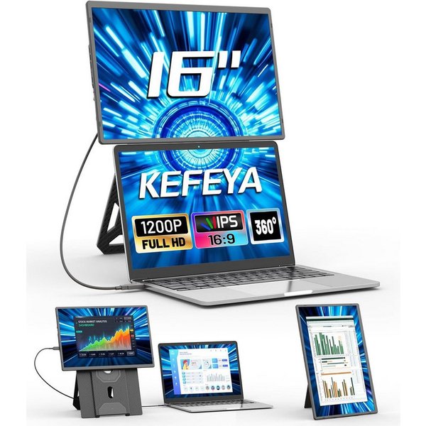 KEFEYA 16 Zoll FHD Laptop-Bildschirm-Extender, USB-C Portabler Monitor (36 cm/16 ", 1920 × 1200 px, Full HD, 60 Hz, HDR, Dual Display, Plug & Play, 1,27 kg, für