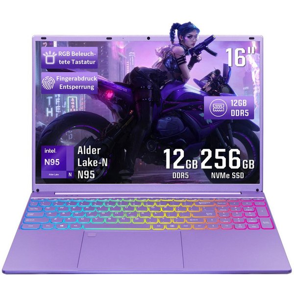 LONGEVINCE 16" Laptop, FHD Display, N95 CPU, 180° Scharnierdesign Notebook (40,64 cm/16 Zoll, Intel Alder Lake-N, Intel UHD Graphics, 12 GB, 256 GB SSD, Tastatu