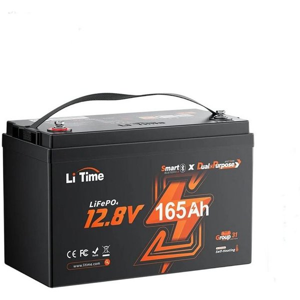 LiTime 12V 165Ah Dual-Purpose LiFePO4-Batterie Bluetooth IP67 Solarakkus (12 V), Mit 1200 CCA und Selbstheizung für Außenbordmotor Boot Marine