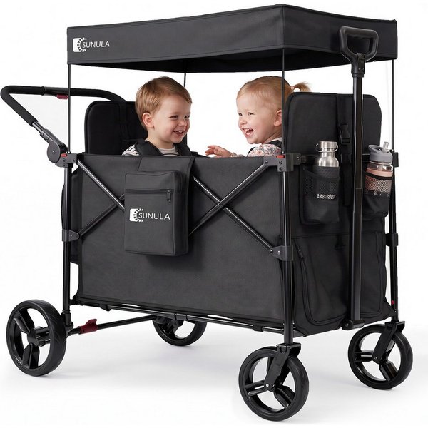 SUNULA Bollerwagen Kinder Bollerwagen für 2 Kinder mit Dach, Schiebe- und Zieh Funktion, Faltbar Kinderwagen mit XXL-Rädern (25/20 cm) und 5-Punkt-Gurtsystem