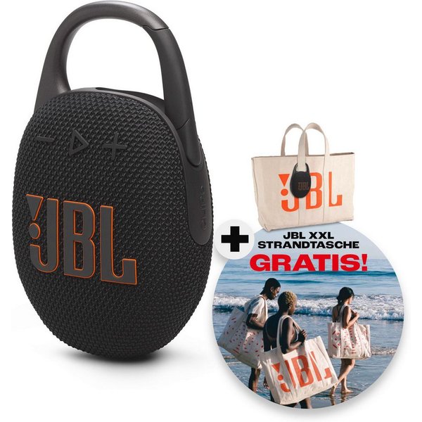 JBL Set: Clip 5 + Strandtasche Bluetooth-Lautsprecher (A2DP Bluetooth, Bluetooth, AVRCP Bluetooth, 7 W, Ultra-kompakter wasserdichter Lautsprecher mit Strandtas