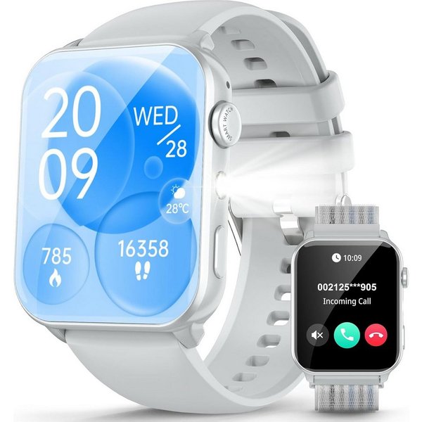 blackview 1,91 Zoll Smartwatch Damen Herren mit Taschenlampe, Bluetooth Anrufe Smartwatch (4,85 cm/1,91 Zoll, iOS/Android), 350mAh (6+Tage),100+ Sportmodi,Fitne