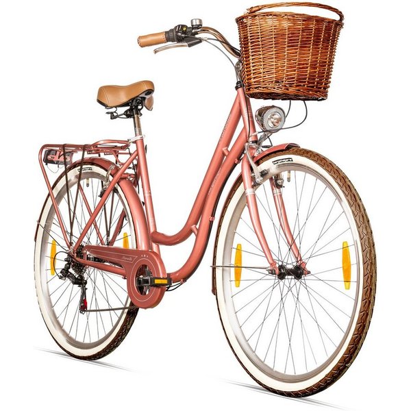 bergsteiger Cityrad Marseille 26 Zoll, 28 Zoll Damenfahrrad, ab 150 cm, Korb aus Rattan, 6 Gang, Kettenschaltung, V-Bremsen