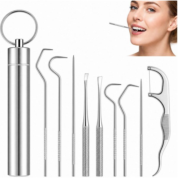 COOL-i ® Zahnpflege-Set Edelstahl-Zahnstocher Set – 9-teilig, wiederverwendbar & tragbar, mit Schlüsselring & Etui – ideal für Zahnreinigung, Reisen & Outdoor