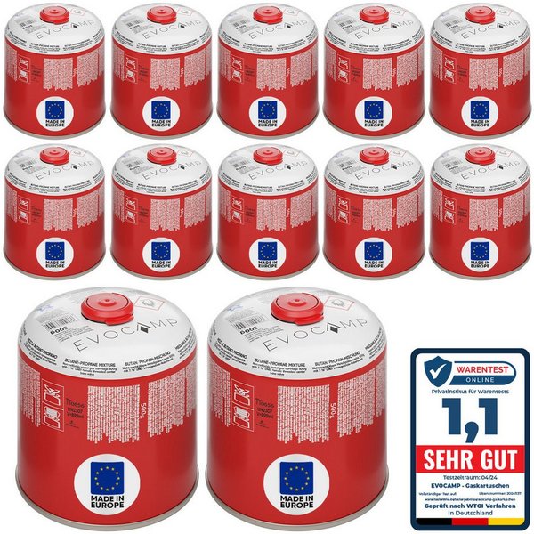 EVOCAMP Gaskartusche 12x Butangas Kartuschen 500g, Schraubkartusche mit Butan/ Propan Gas, 12 St.