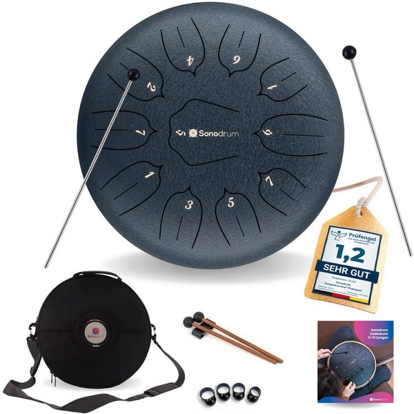Sonodrum Steel Tongue Drum "Standard", D-Dur, 30 cm, 11 Zungen inkl. Liederbuch und Tragetasche