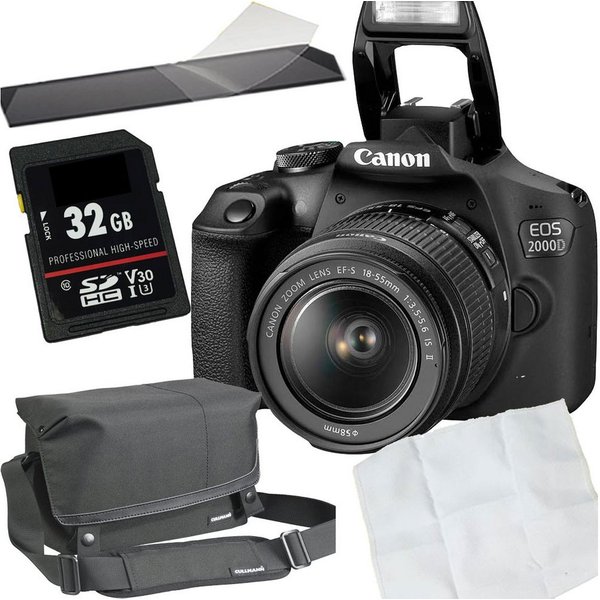 Canon Canon EOS 2000D+EF-S 18-55mm schwarz Set Angebot Spiegelreflexkamera (inkl. Karte, Tasche, Mikrofasertuch, Display-Schutzfolie)