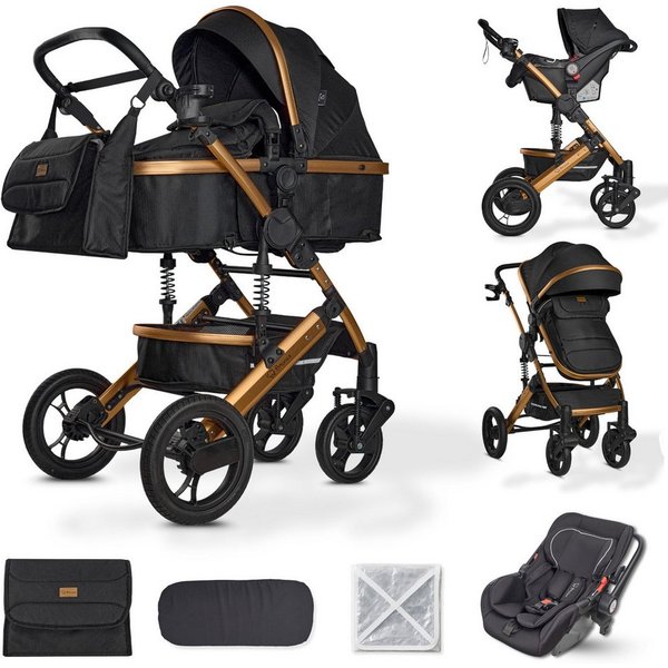 Bronea Kombi-Kinderwagen EXQUISE 2.0 Kinderwagen 3in1 mit MATRATZE, BUGGY & AUTO-BABYSCHALE, (Set), NEUES HOCHWERTIGES MODELL,Wickeltasche,Regen-, Mücken- & Son