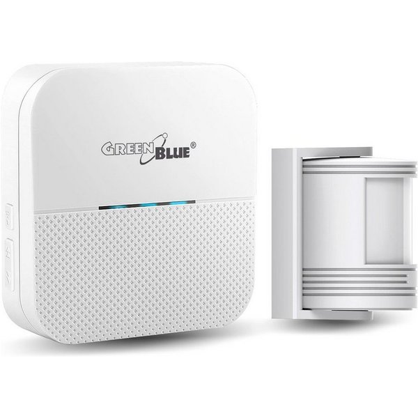 GreenBlue Infrarotsensor GB212 Funkklingel mit Bewegungsmelder PIR 52 Melodien, bis 120 m, Steckdosen-Empfänger, Alarmanlage für Haus & Geschäft