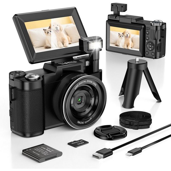 hganus 64 MP & 5K, 18-fachem Zoom, 3-Zoll-Klappbildschirm (180) Vollformat-Digitalkamera (64 MP, mit 32GB, Klappbildschirm & Autofokus,für Einsteiger, Reisen & 