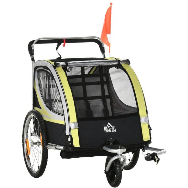 HOMCOM Fahrradkinderanhänger Kinderanhänger, Fahrradanhänger, für 2 Kinder, gelb, für Garten, Balkon, Gelb+Schwarz