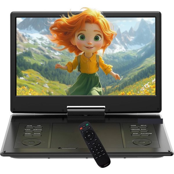 TWUFY 15,7" Tragbarer DVD-Player mit 14,1" HD-Schwenkdisplay Portabler DVD-Player (6 Stunden Wiederaufladbare Batterie, Unterstützung für USB/TF-Karte/AV-Übertr