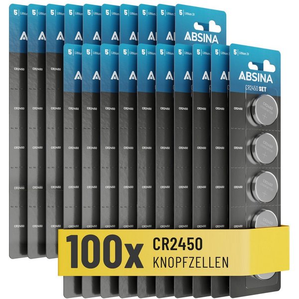 ABSINA Knopfzelle CR2450 Lithium 3V 100er Pack Knopfzelle, (100 St)