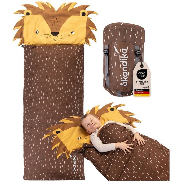 Skandika Kinderschlafsack Soti, für Kinder bis 150 cm, Kopfkissen, buntes Design Löwe (maschinenwaschbar, Kopfteil, in Tierform und mit Tiermotiv bedruckt), mit